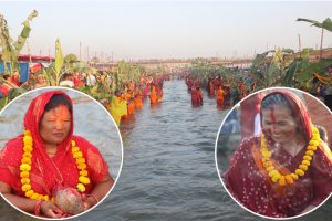 धार्मिक आस्थाः अस्ताउँदो  सूर्यलाई अर्घ्य दिन पूर्व र वर्तमान सांसद त्रियुगा नदीमा